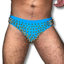 Load image into Gallery viewer, Studmuffin NYC x Hercules New York Spike Speedo - Silver/Gold/Black on Pool Blue
