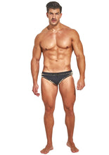 Load image into Gallery viewer, Studmuffin NYC x Hercules New York Spike Speedo -Silver/Gold on Black Outline
